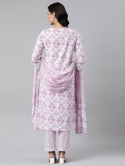 Neerus Lavender Panelled Straight Printed Kurta And Trousers With Dupatta