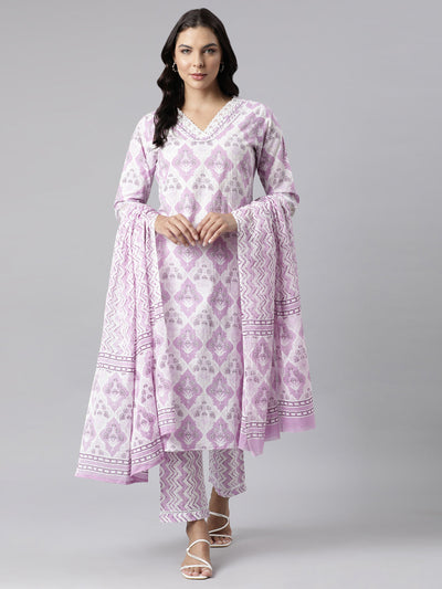 Neerus Lavender Panelled Straight Printed Kurta And Trousers With Dupatta