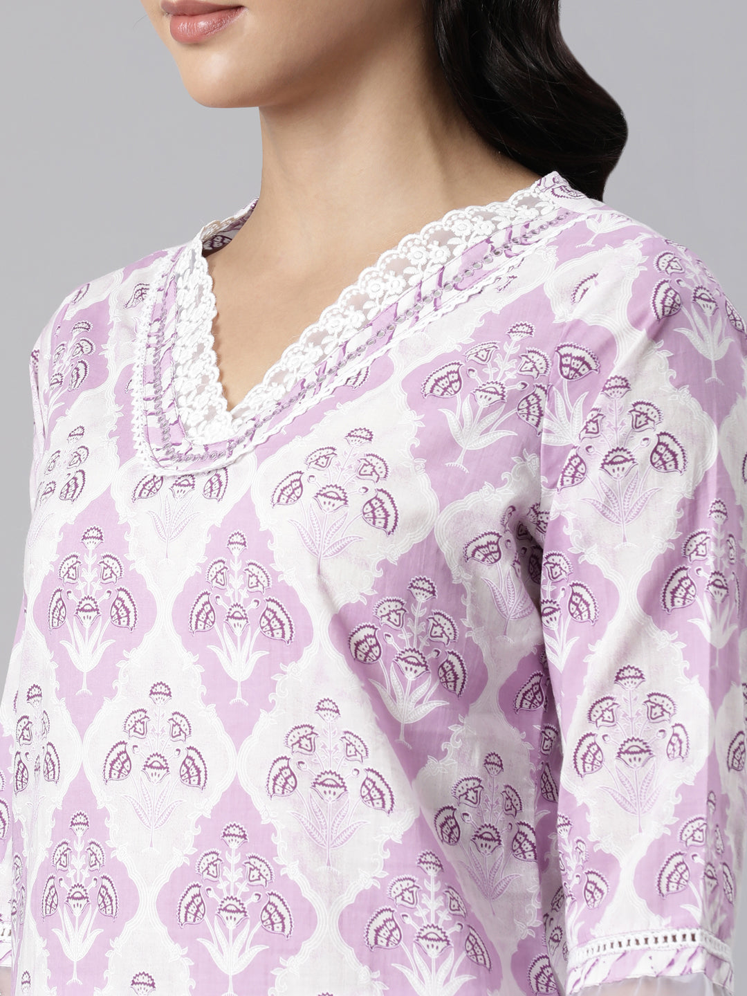 Neerus Lavender Panelled Straight Printed Kurta And Trousers With Dupatta