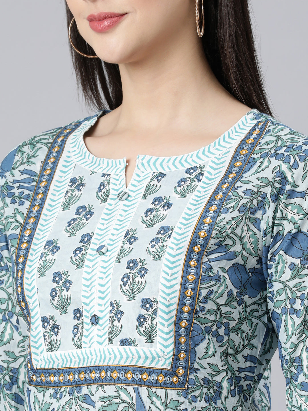 Neerus Blue Panelled Straight Printed Kurta And Trousers With Dupatta