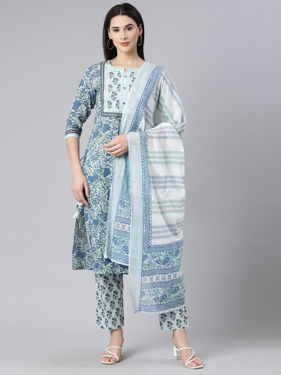 Neerus Blue Panelled Straight Printed Kurta And Trousers With Dupatta