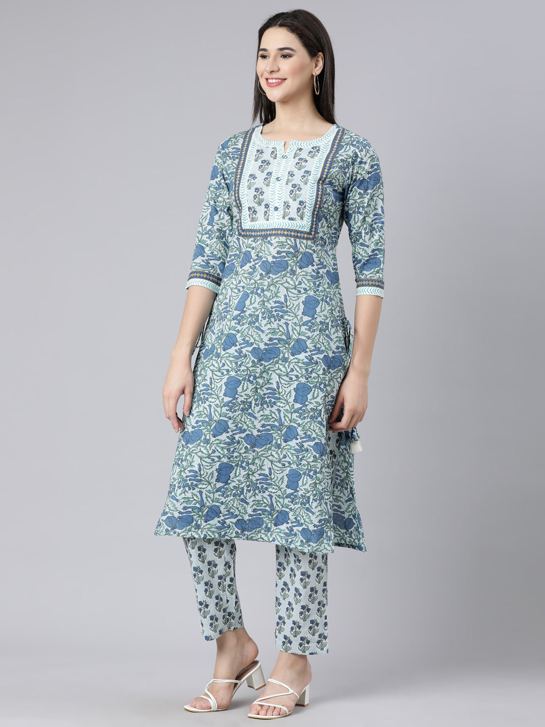 Neerus Blue Panelled Straight Printed Kurta And Trousers With Dupatta