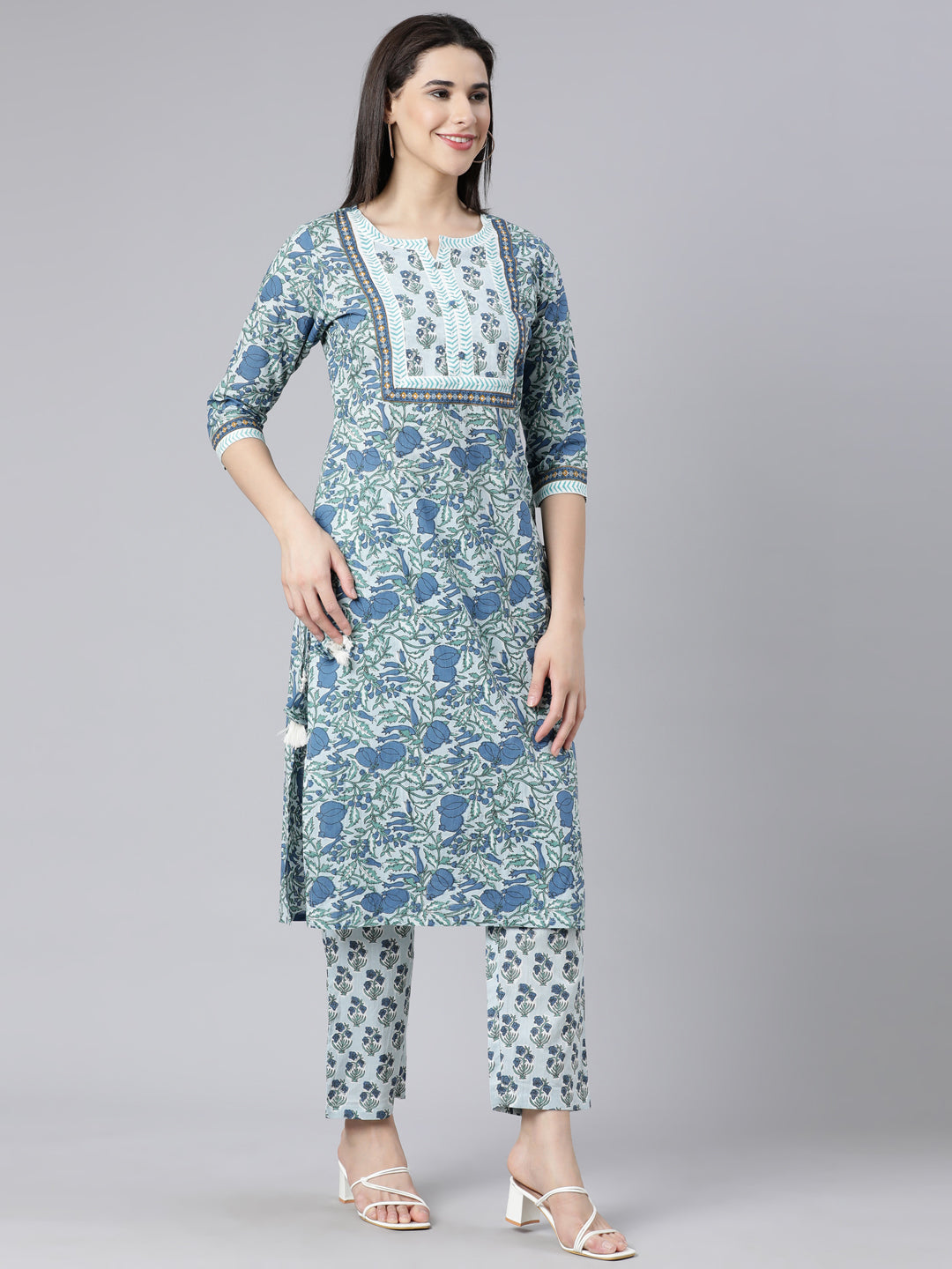 Neerus Blue Panelled Straight Printed Kurta And Trousers With Dupatta