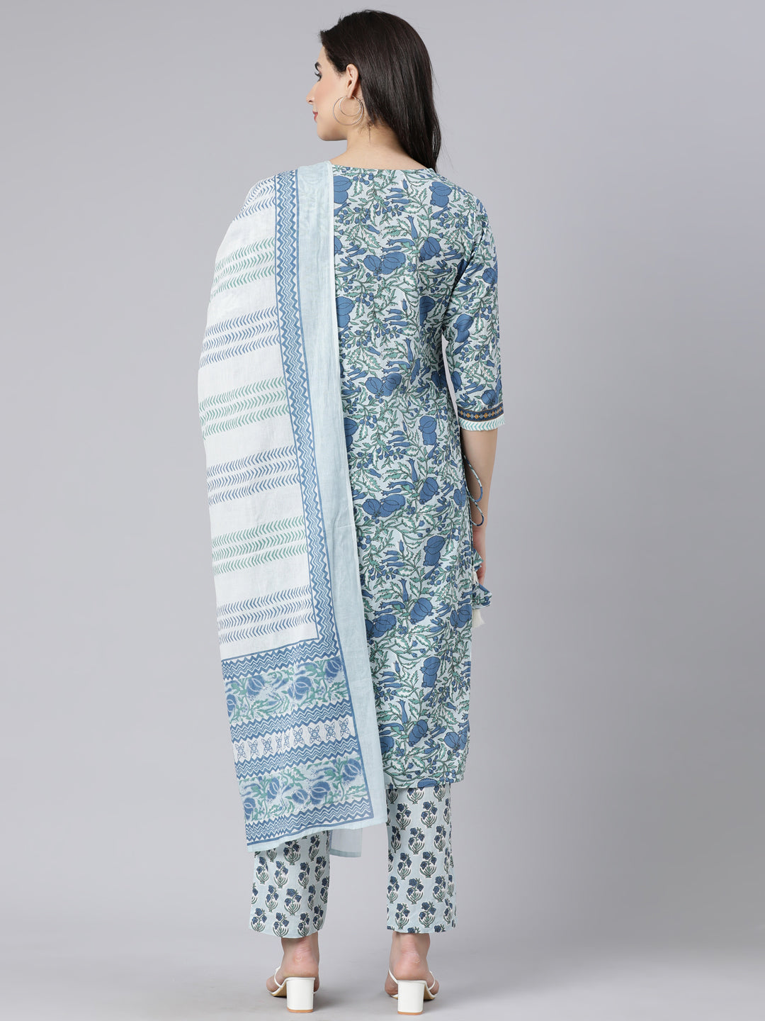 Neerus Blue Panelled Straight Printed Kurta And Trousers With Dupatta