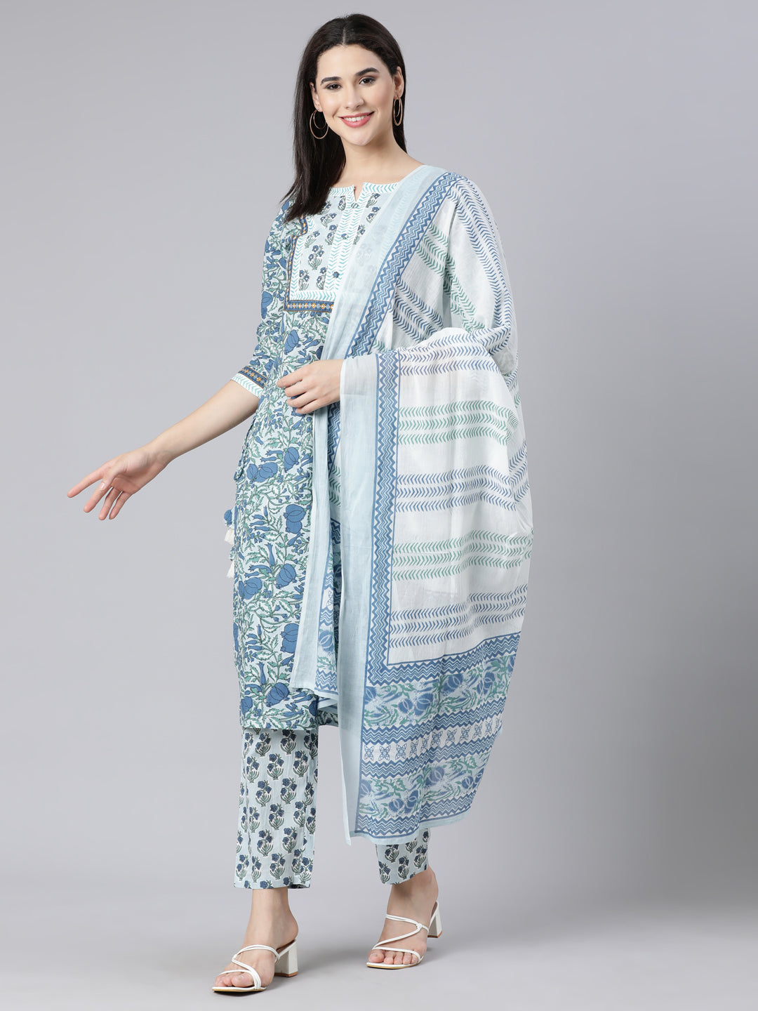 Neerus Blue Panelled Straight Printed Kurta And Trousers With Dupatta