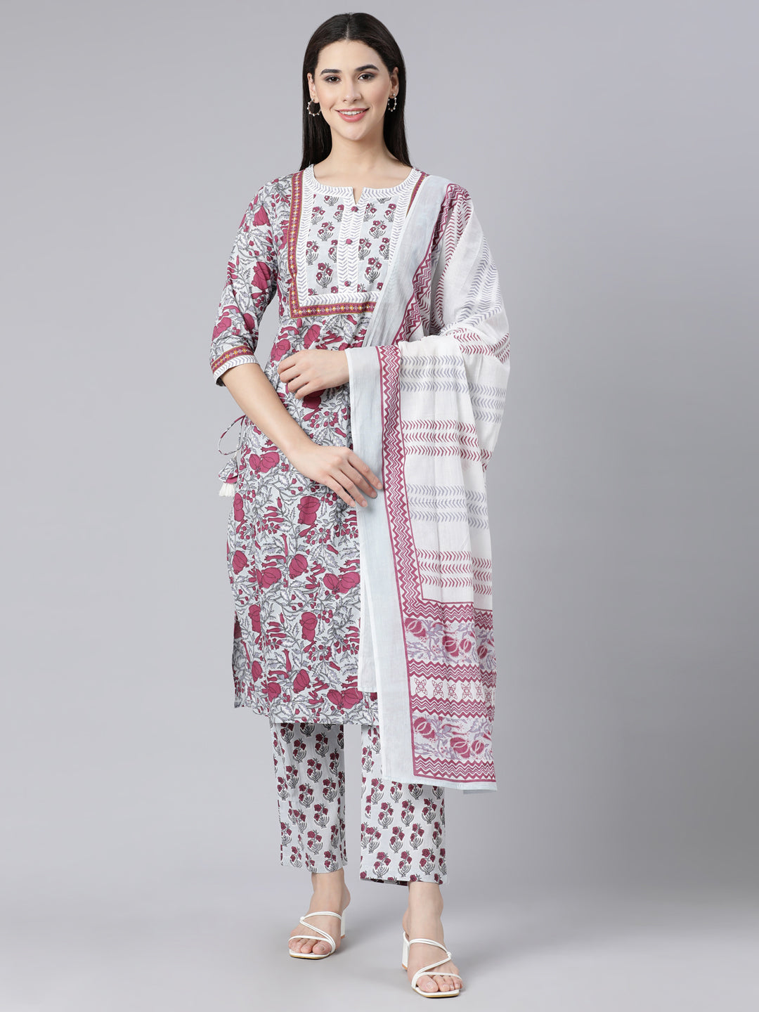 Neerus Maroon Panelled Straight Printed Kurta And Trousers With Dupatta