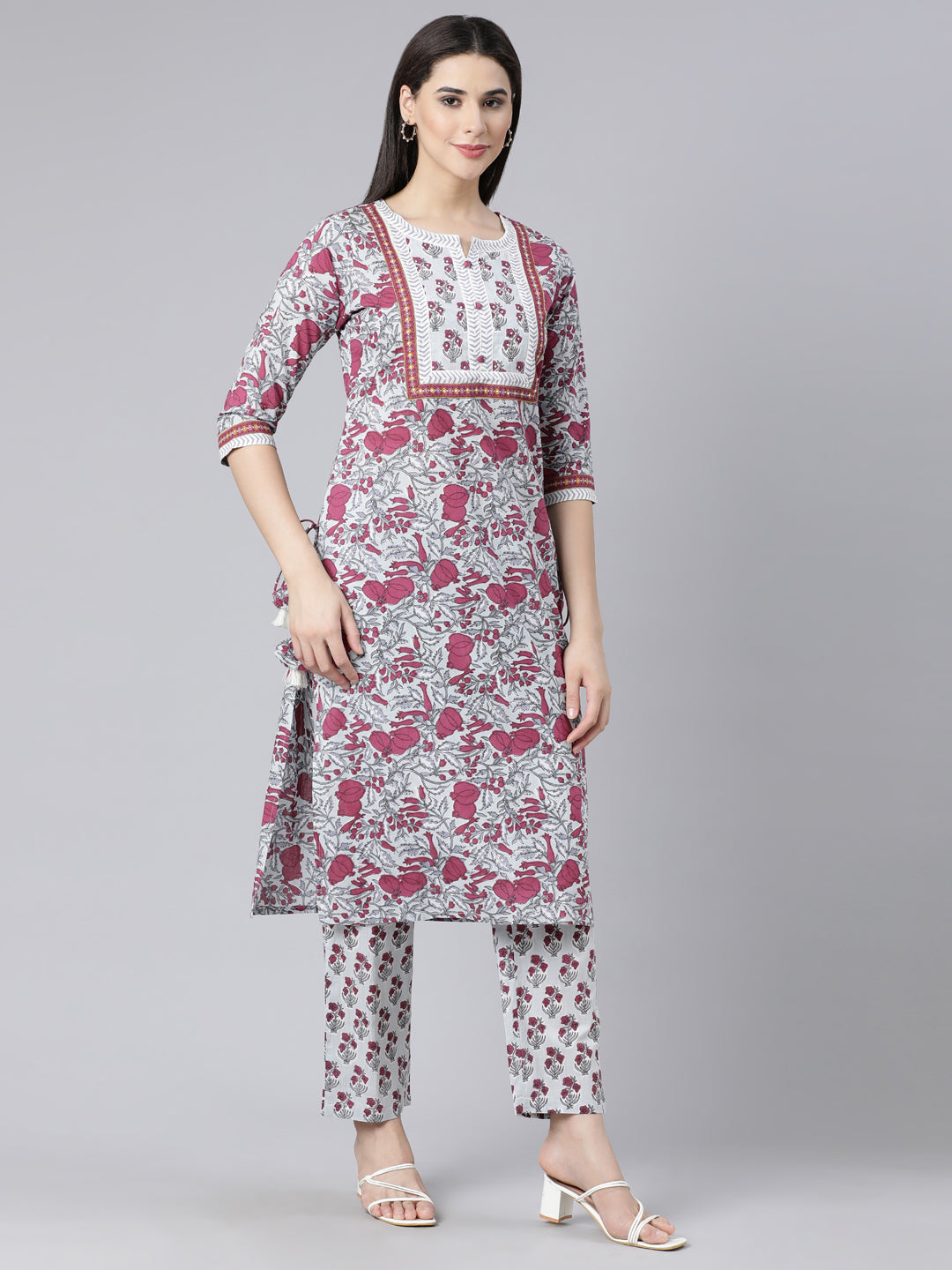 Neerus Maroon Panelled Straight Printed Kurta And Trousers With Dupatta