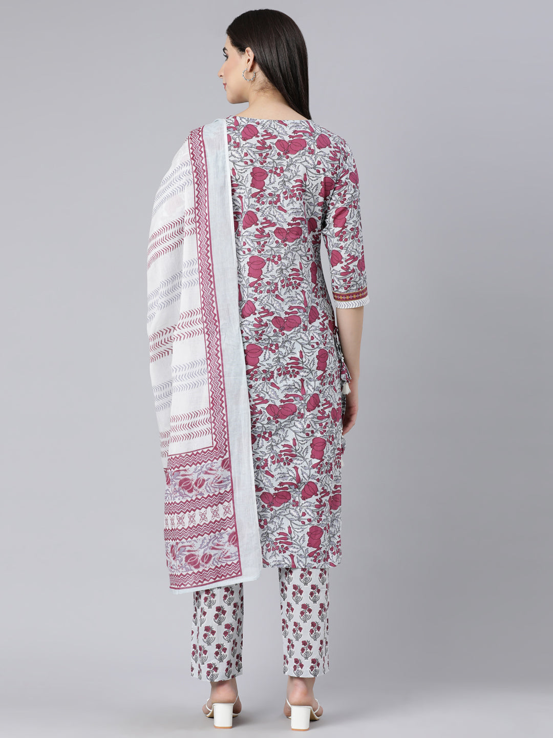 Neerus Maroon Panelled Straight Printed Kurta And Trousers With Dupatta