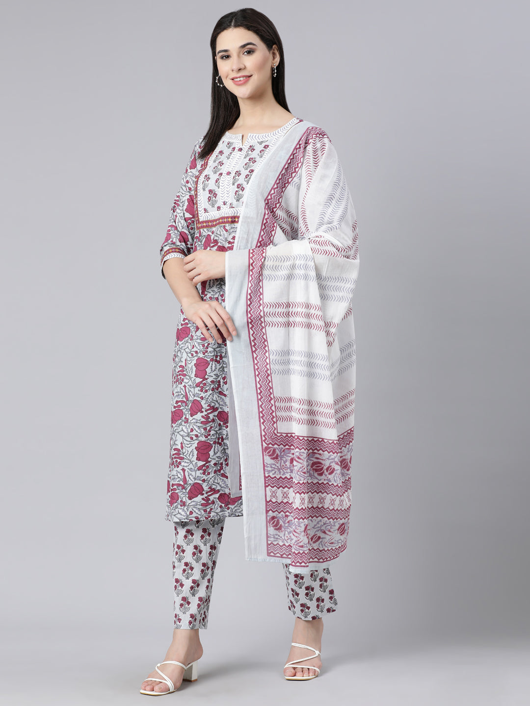 Neerus Maroon Panelled Straight Printed Kurta And Trousers With Dupatta