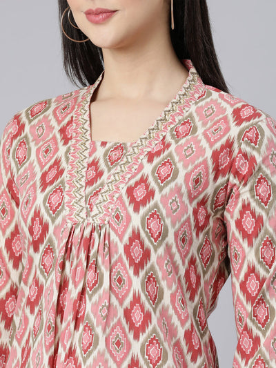 Neerus Pink Panelled Straight Printed Kurta And Trousers With Dupatta