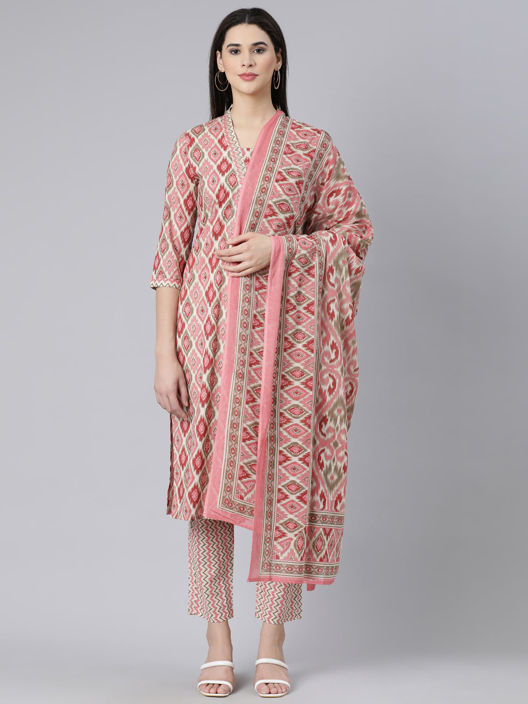 Neerus Pink Panelled Straight Printed Kurta And Trousers With Dupatta