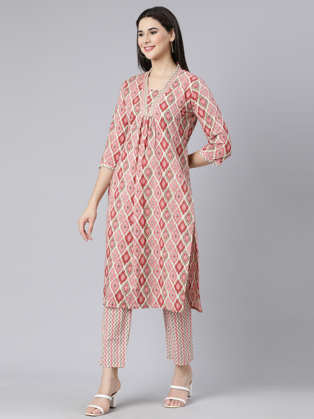 Neerus Pink Panelled Straight Printed Kurta And Trousers With Dupatta