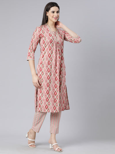 Neerus Pink Panelled Straight Printed Kurta And Trousers With Dupatta