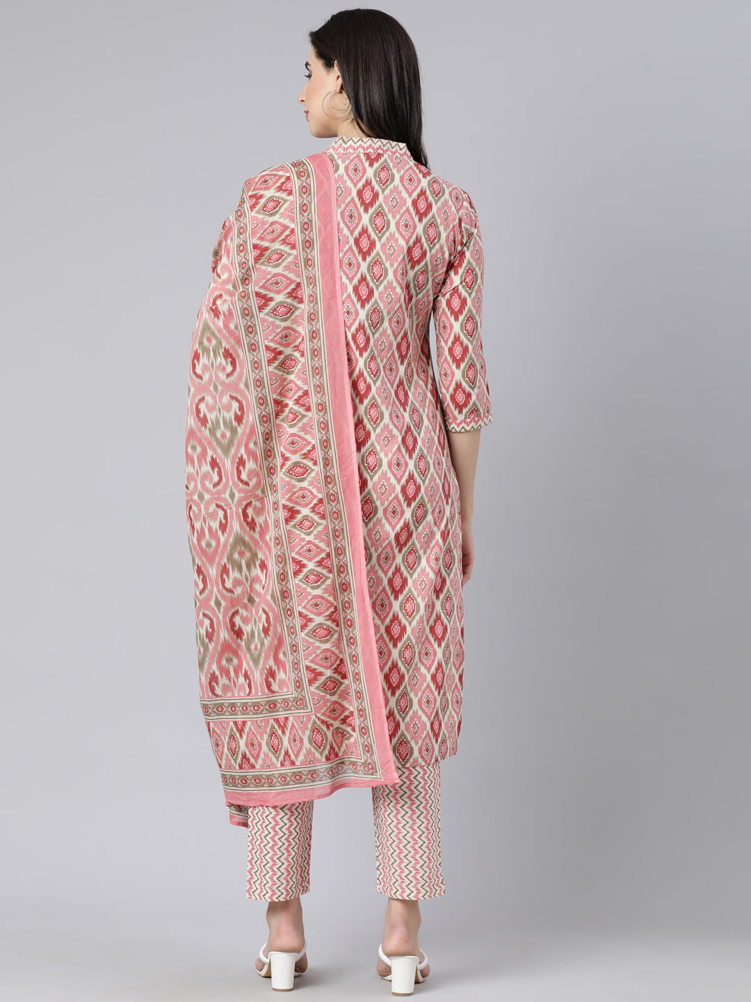 Neerus Pink Panelled Straight Printed Kurta And Trousers With Dupatta