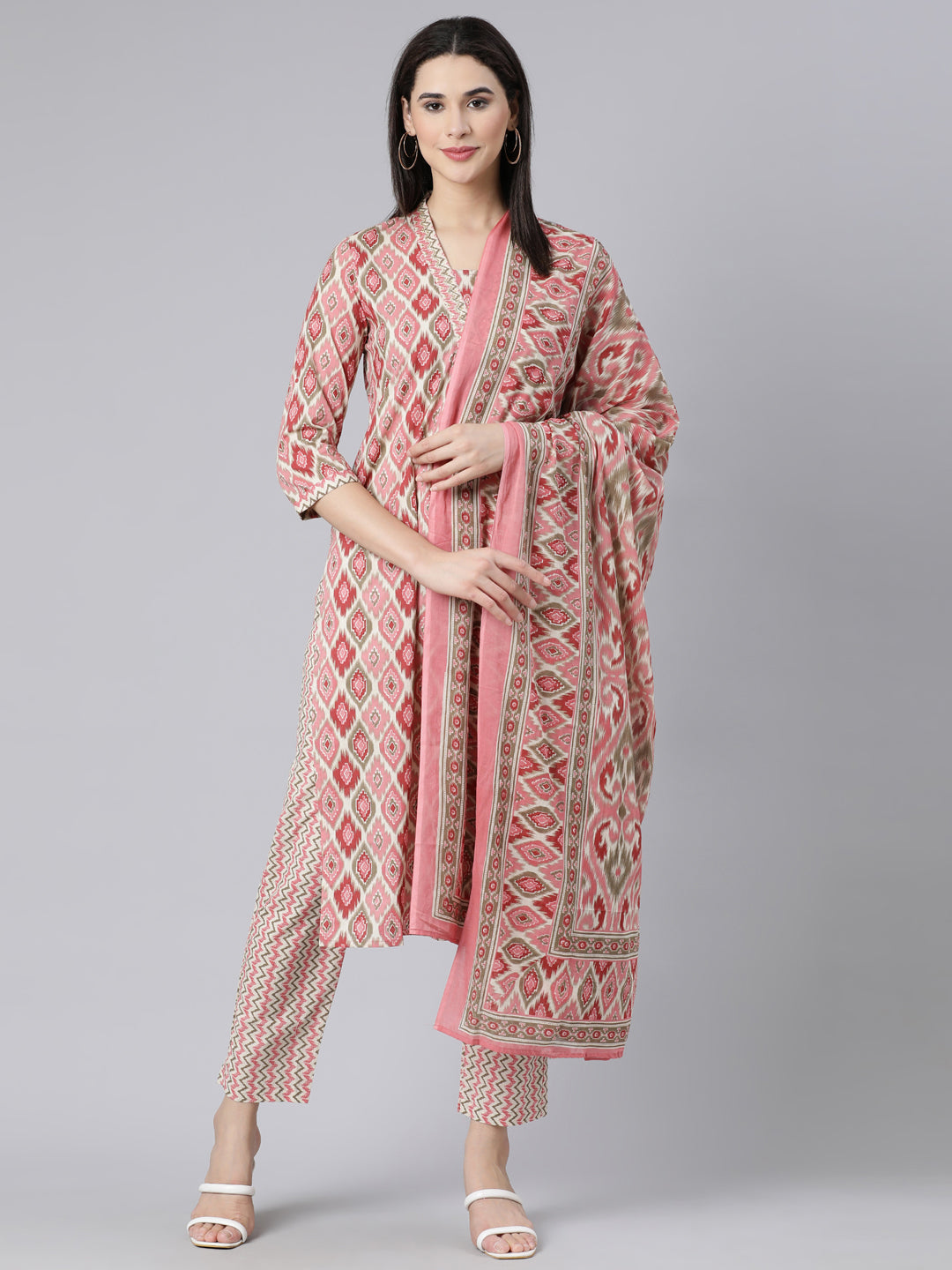 Neerus Pink Panelled Straight Printed Kurta And Trousers With Dupatta