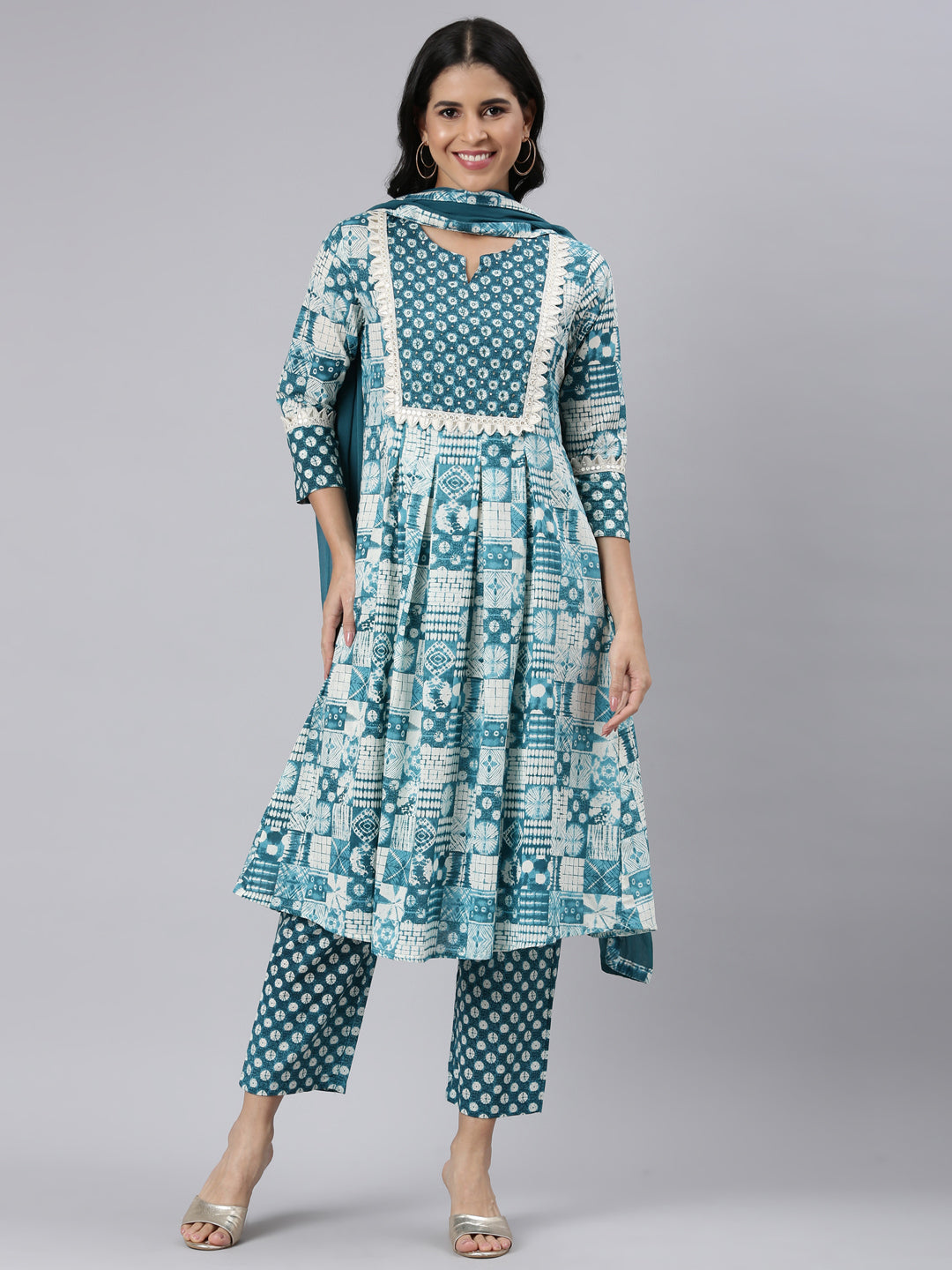 Neerus Blue Panelled Curved Printed Kurta and Trousers With Dupatta