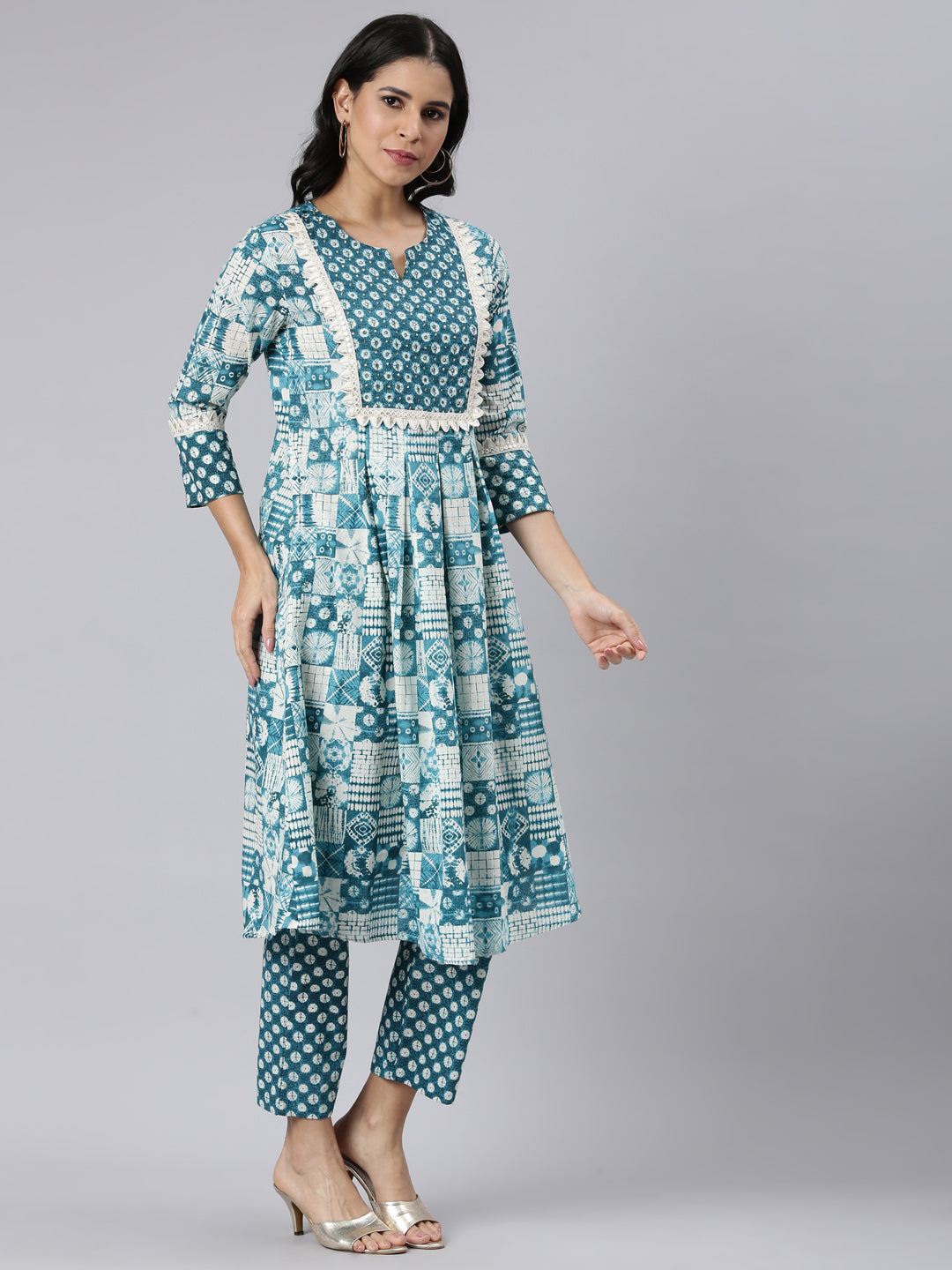 Neerus Blue Panelled Curved Printed Kurta and Trousers With Dupatta