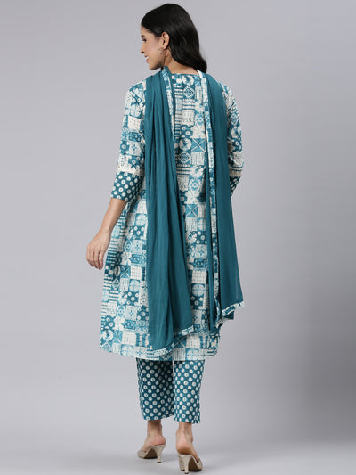 Neerus Blue Panelled Curved Printed Kurta and Trousers With Dupatta