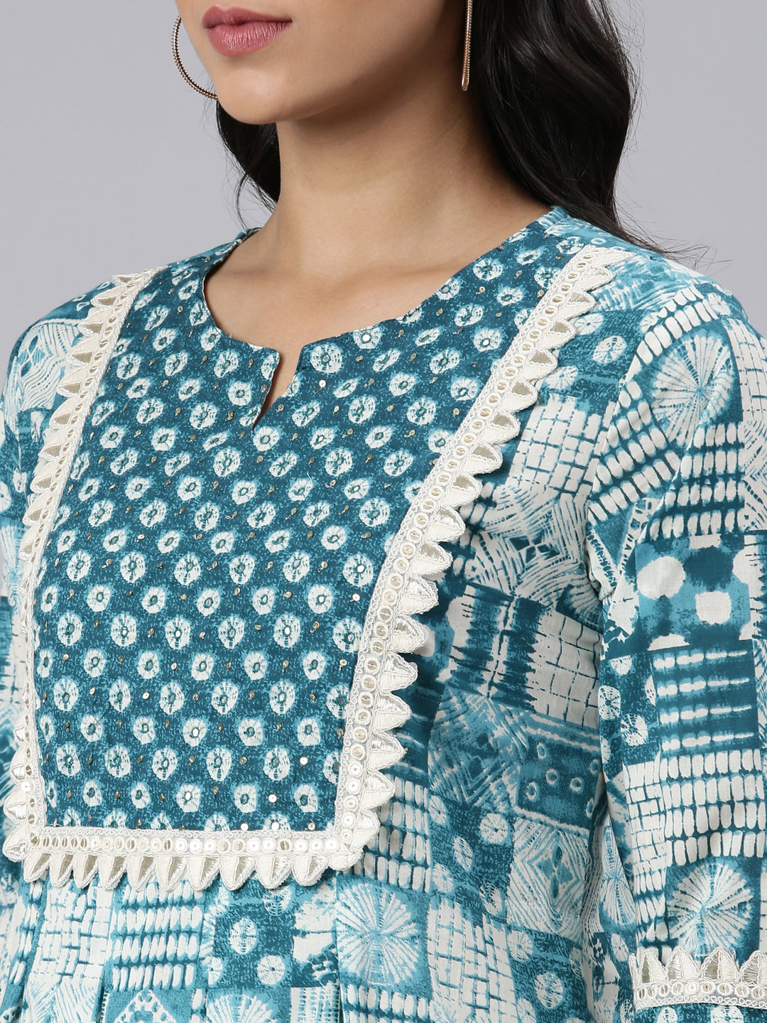 Neerus Blue Panelled Curved Printed Kurta and Trousers With Dupatta