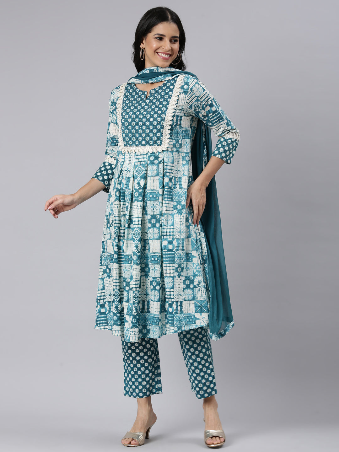 Neerus Blue Panelled Curved Printed Kurta and Trousers With Dupatta