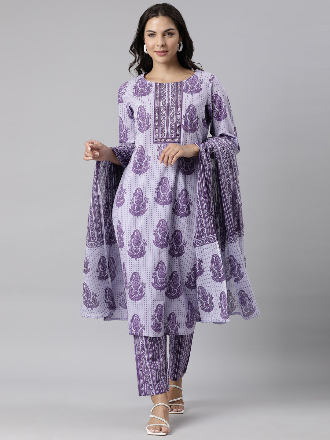 Neerus Lavender Panelled Straight Printed Kurta And Trousers With Dupatta