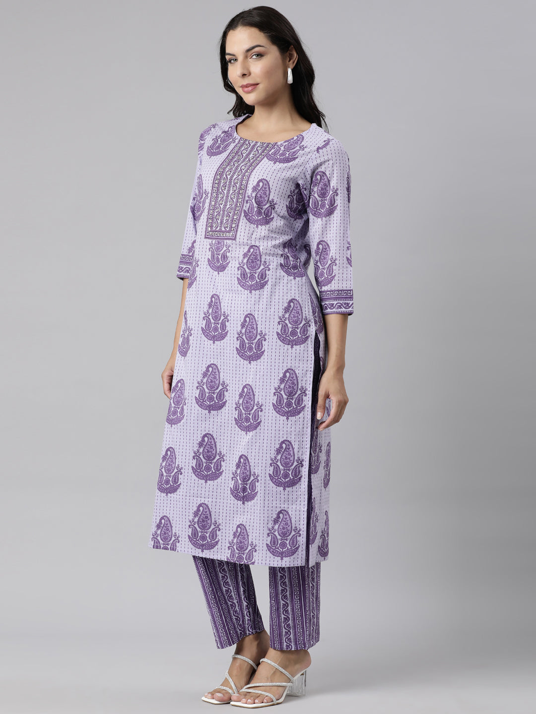 Neerus Lavender Panelled Straight Printed Kurta And Trousers With Dupatta