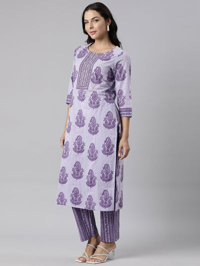 Neerus Lavender Panelled Straight Printed Kurta And Trousers With Dupatta