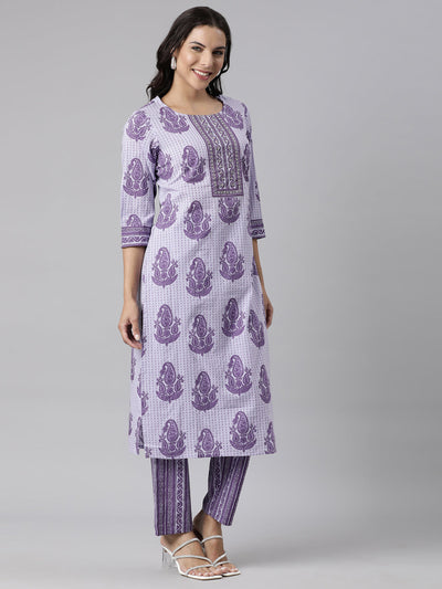 Neerus Lavender Panelled Straight Printed Kurta And Trousers With Dupatta