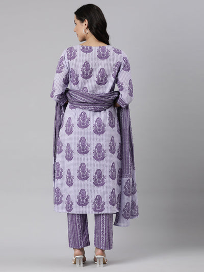 Neerus Lavender Panelled Straight Printed Kurta And Trousers With Dupatta