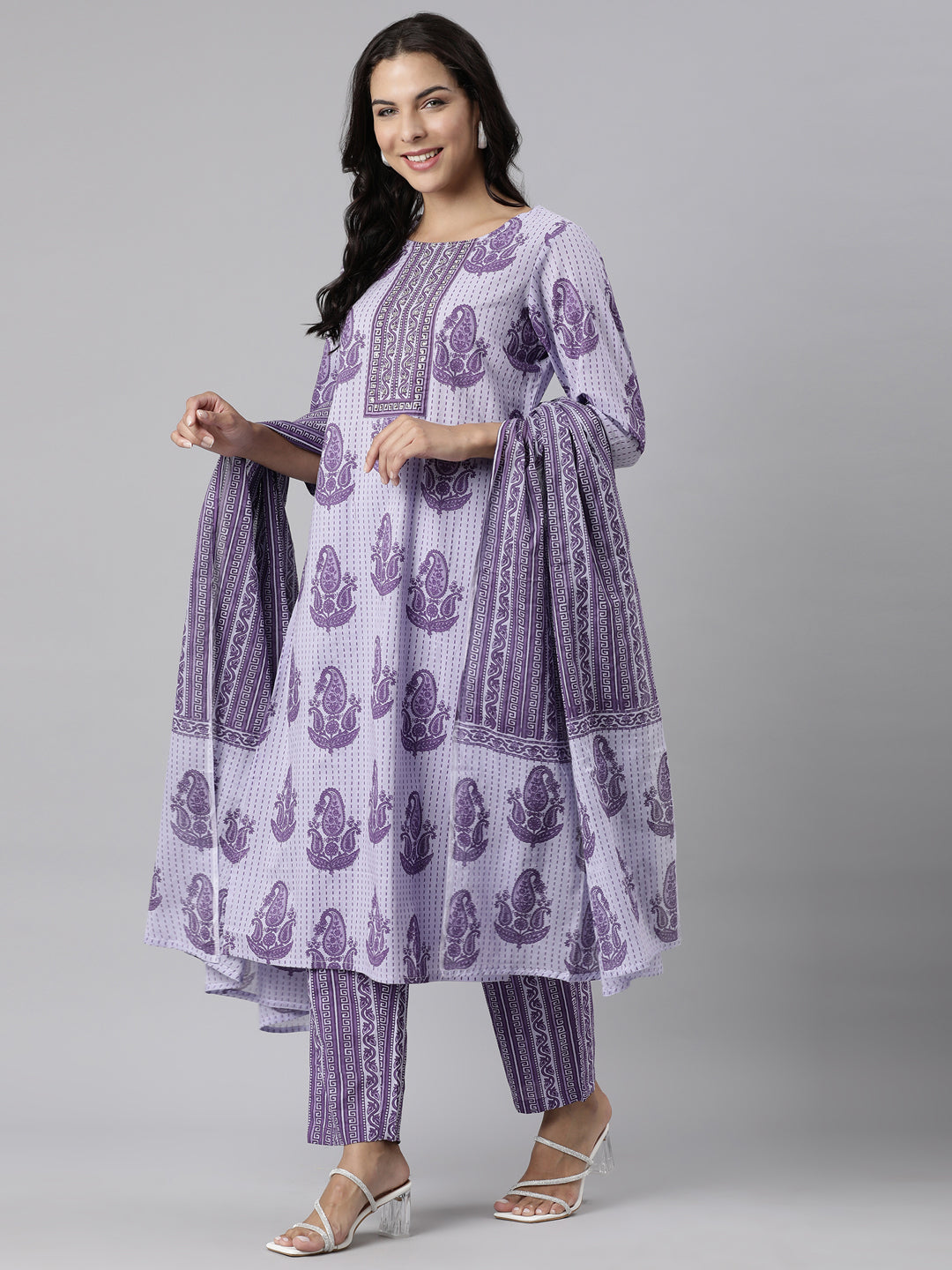 Neerus Lavender Panelled Straight Printed Kurta And Trousers With Dupatta