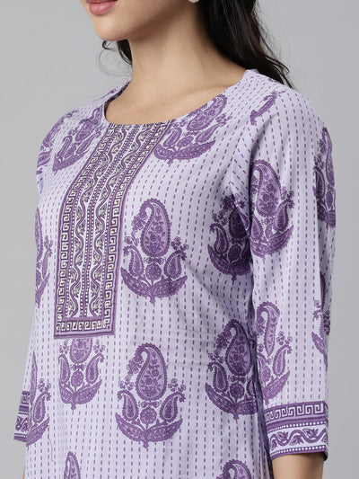 Neerus Lavender Panelled Straight Printed Kurta And Trousers With Dupatta