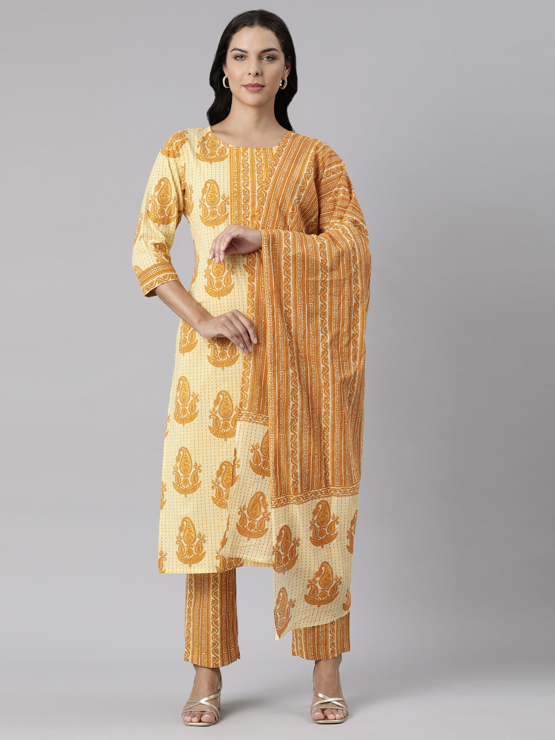 Neerus Yellow Panelled Straight Printed Kurta And Trousers With Dupatta