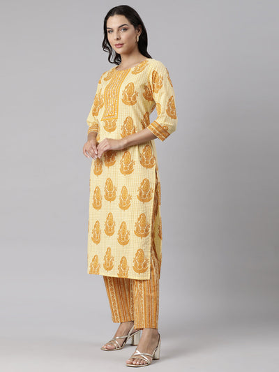 Neerus Yellow Panelled Straight Printed Kurta And Trousers With Dupatta