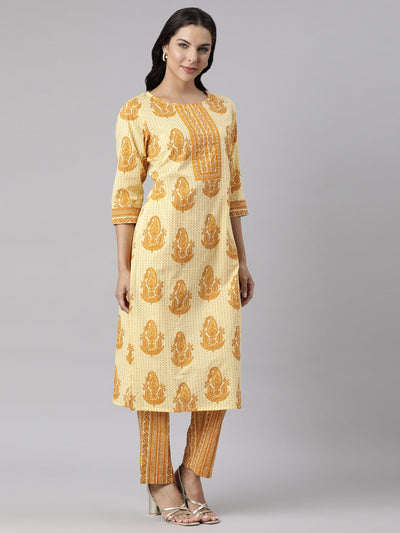 Neerus Yellow Panelled Straight Printed Kurta And Trousers With Dupatta