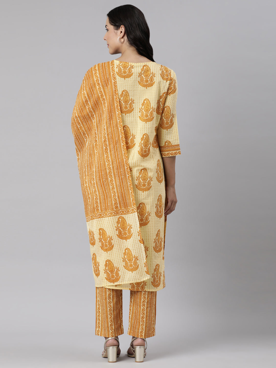 Neerus Yellow Panelled Straight Printed Kurta And Trousers With Dupatta