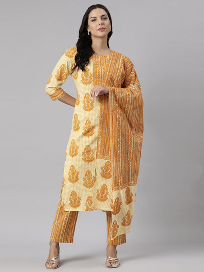 Neerus Yellow Panelled Straight Printed Kurta And Trousers With Dupatta