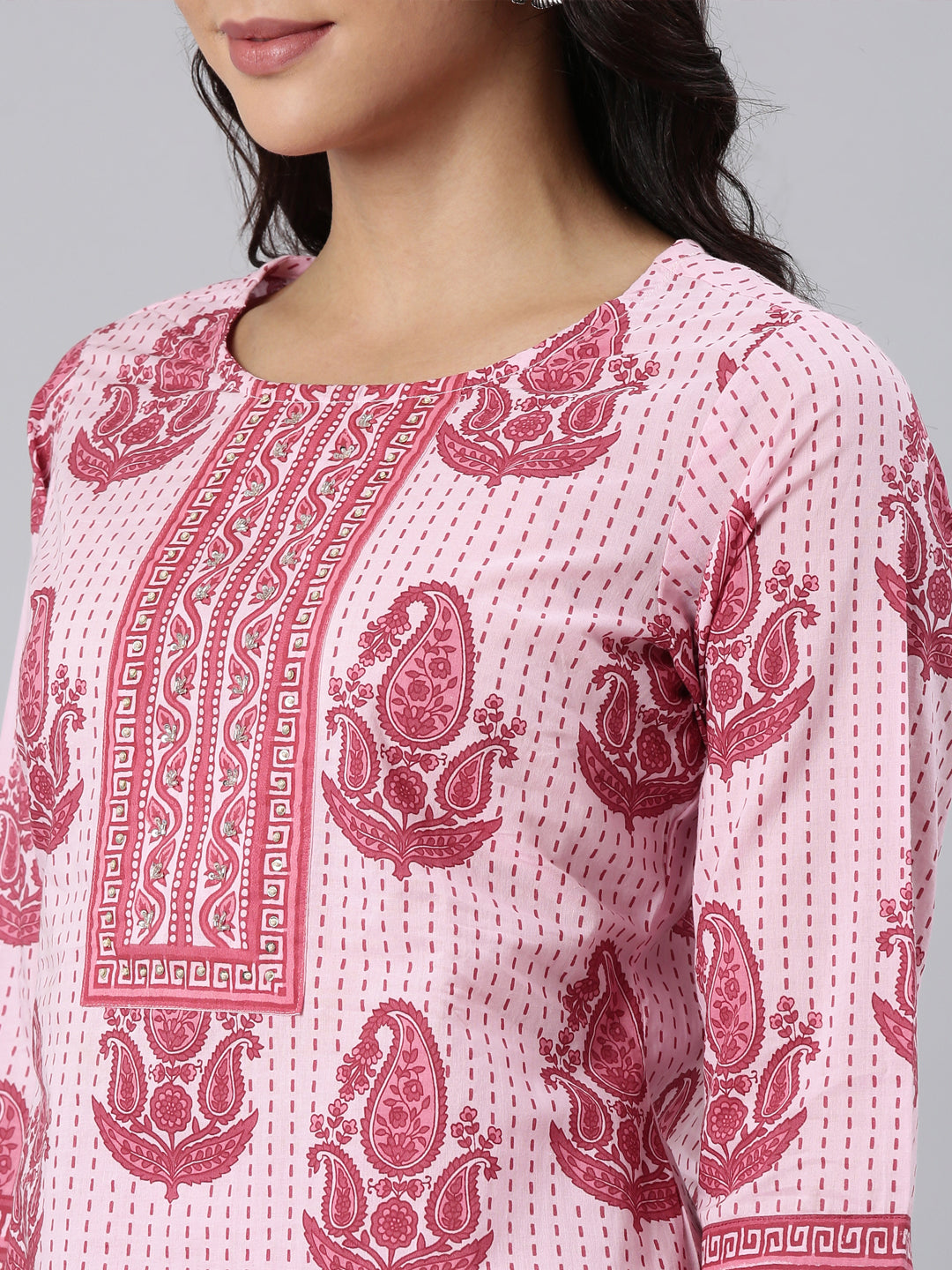 Neerus Pink Panelled Straight Printed Kurta And Trousers With Dupatta