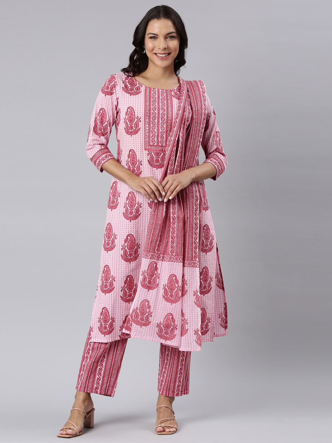 Neerus Pink Panelled Straight Printed Kurta And Trousers With Dupatta