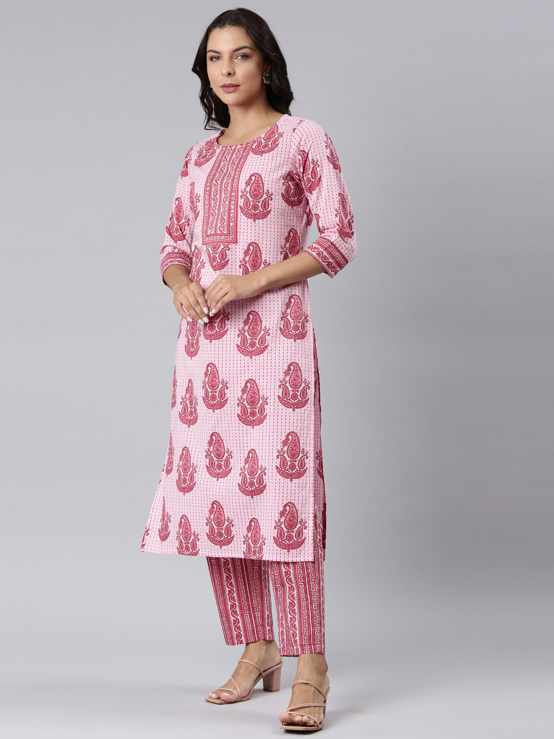 Neerus Pink Panelled Straight Printed Kurta And Trousers With Dupatta