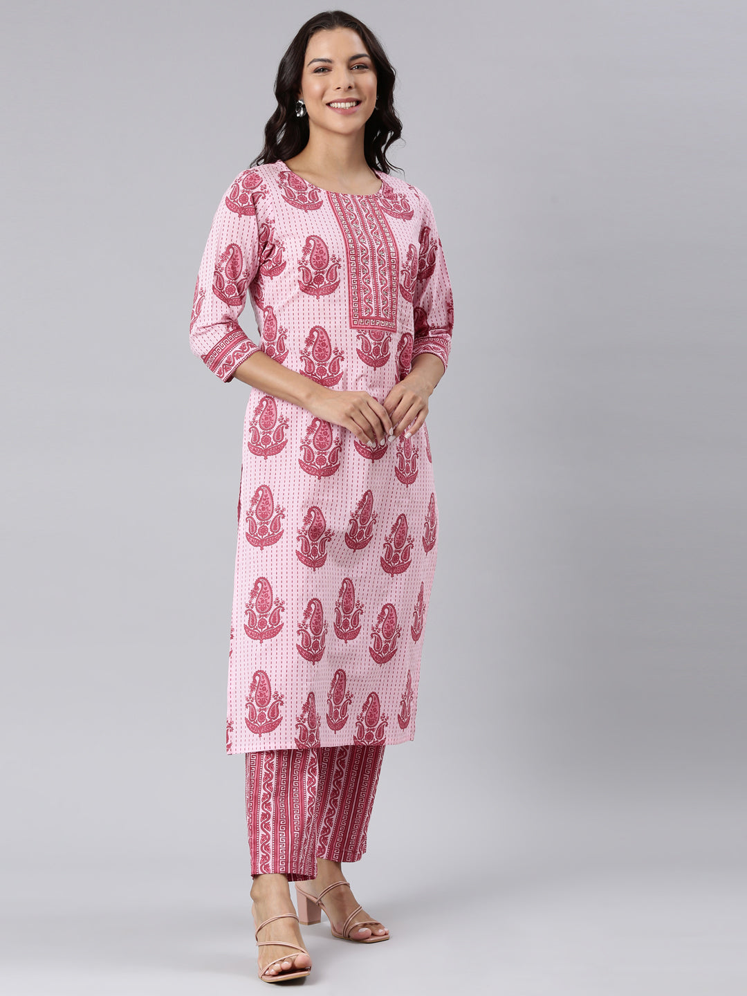 Neerus Pink Panelled Straight Printed Kurta And Trousers With Dupatta