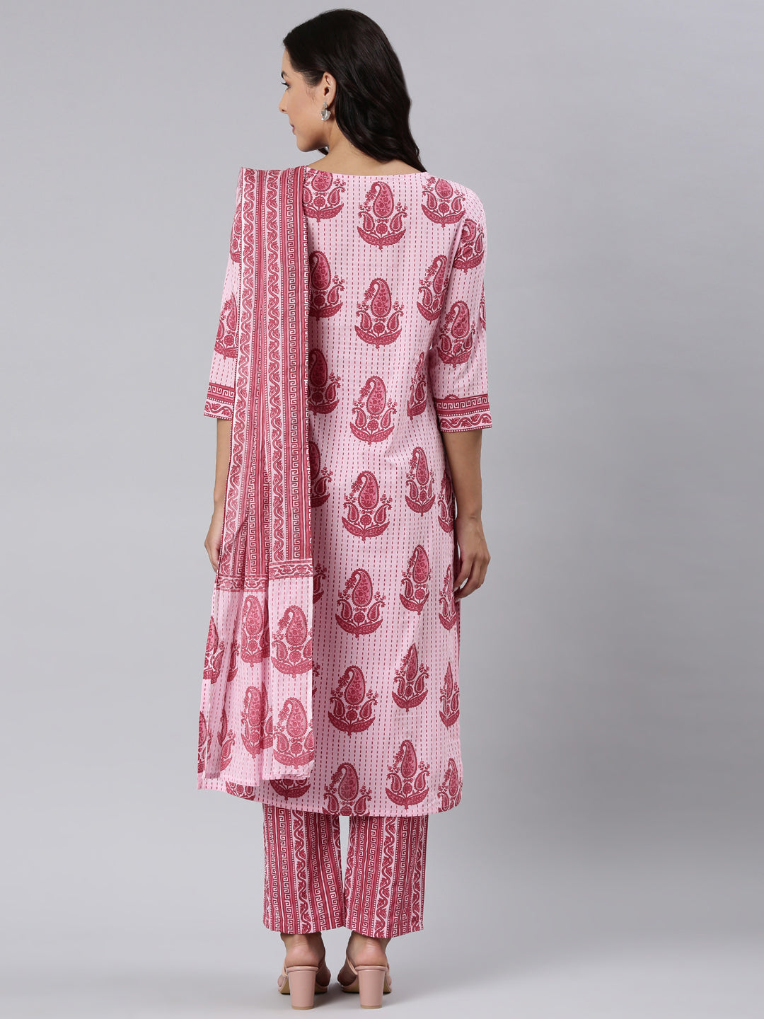 Neerus Pink Panelled Straight Printed Kurta And Trousers With Dupatta