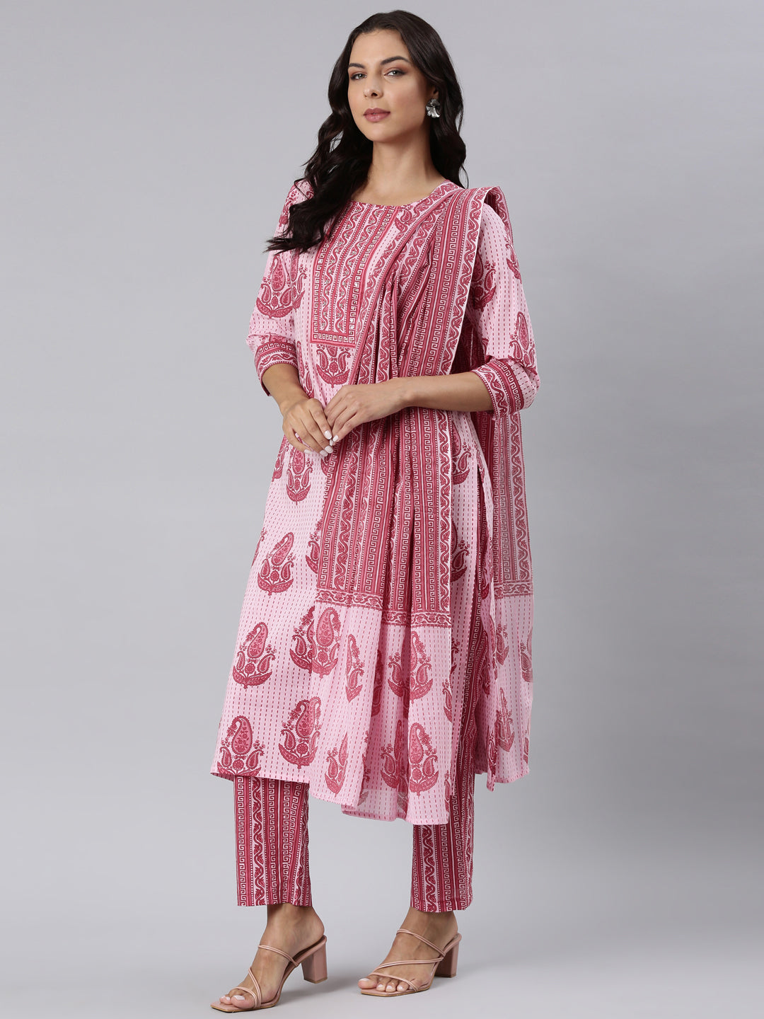 Neerus Pink Panelled Straight Printed Kurta And Trousers With Dupatta