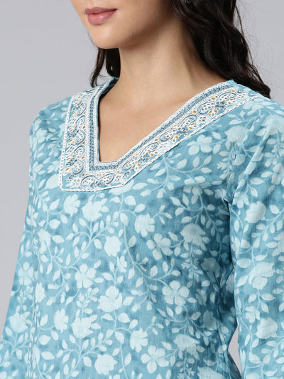 Neerus Green Panelled Straight Printed Kurta And Trousers With Dupatta