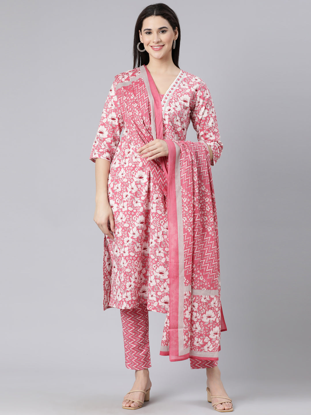 Neerus Pink Panelled Straight Printed Kurta And Trousers With Dupatta