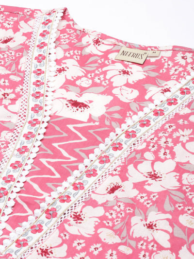 Neerus Pink Panelled Straight Printed Kurta And Trousers With Dupatta