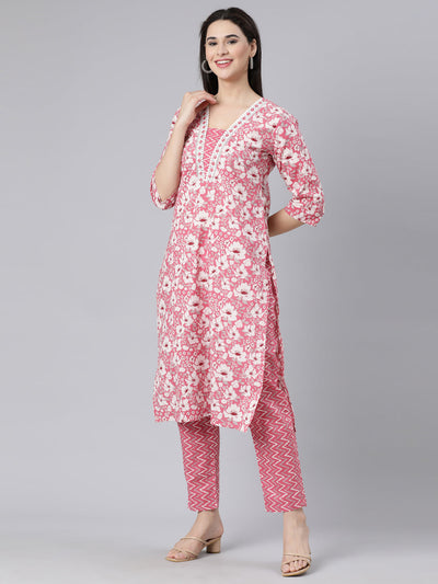 Neerus Pink Panelled Straight Printed Kurta And Trousers With Dupatta