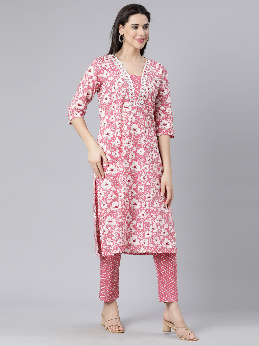 Neerus Pink Panelled Straight Printed Kurta And Trousers With Dupatta