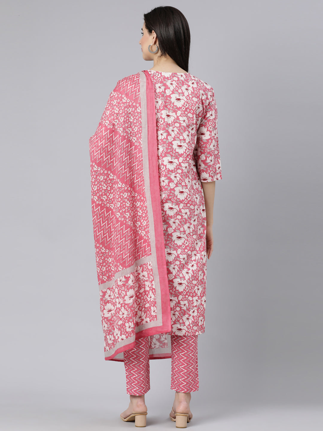 Neerus Pink Panelled Straight Printed Kurta And Trousers With Dupatta