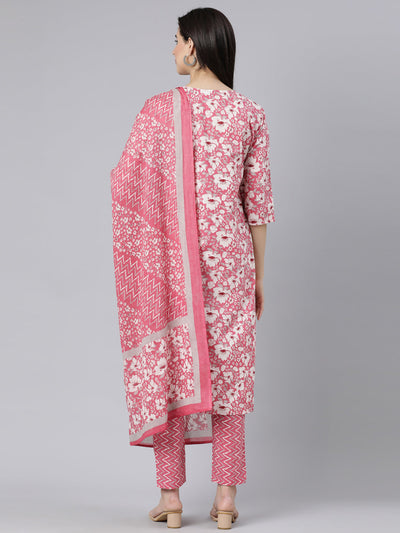 Neerus Pink Panelled Straight Printed Kurta And Trousers With Dupatta