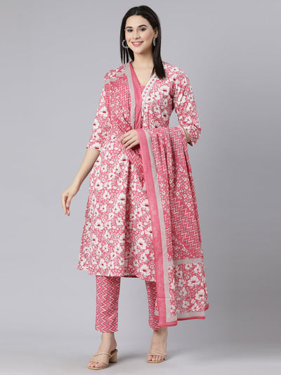 Neerus Pink Panelled Straight Printed Kurta And Trousers With Dupatta